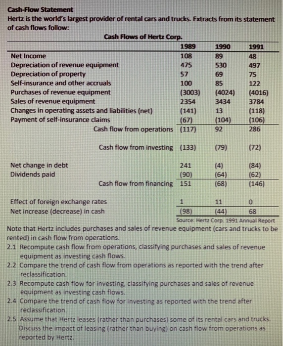 Solved Cash Flow Statement Hertz is the world s largest Chegg