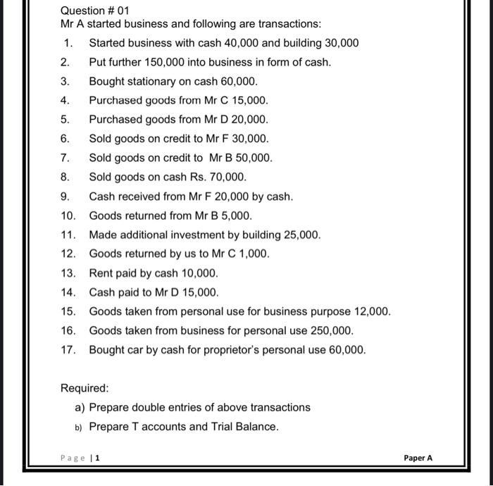 Solved Question # 01 Mr A Started Business And Following Are | Chegg.com