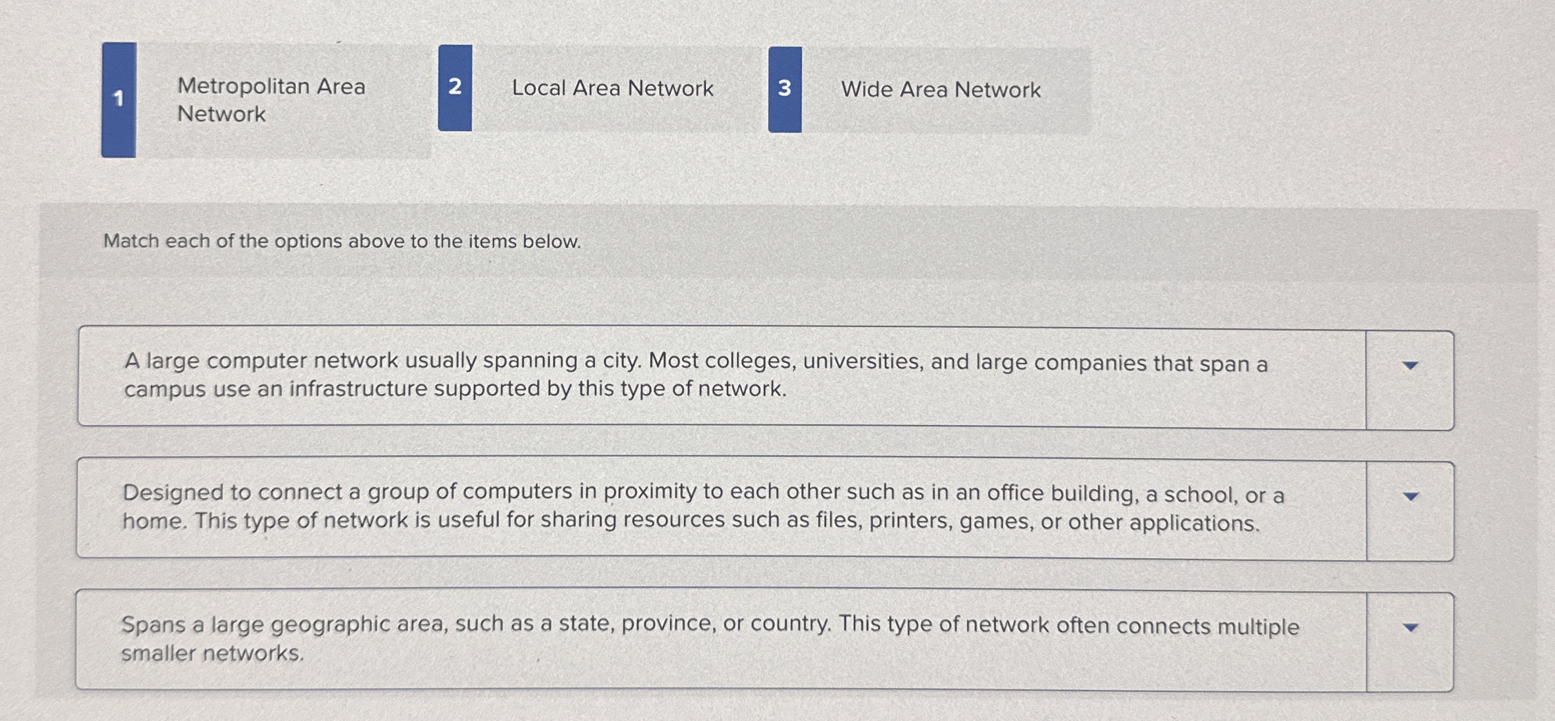 Solved 1Metropolitan Area2Local Area NetworkNetworkMatch | Chegg.com
