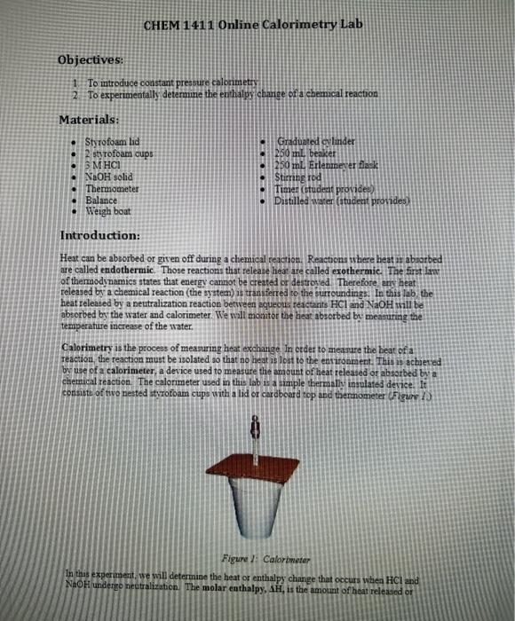 CHEM 1411 Online Calorimetry Lab Objectives 1 To