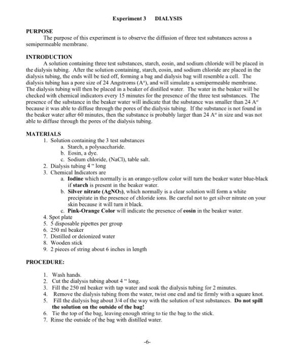 purpose of dialysis tubing experiment
