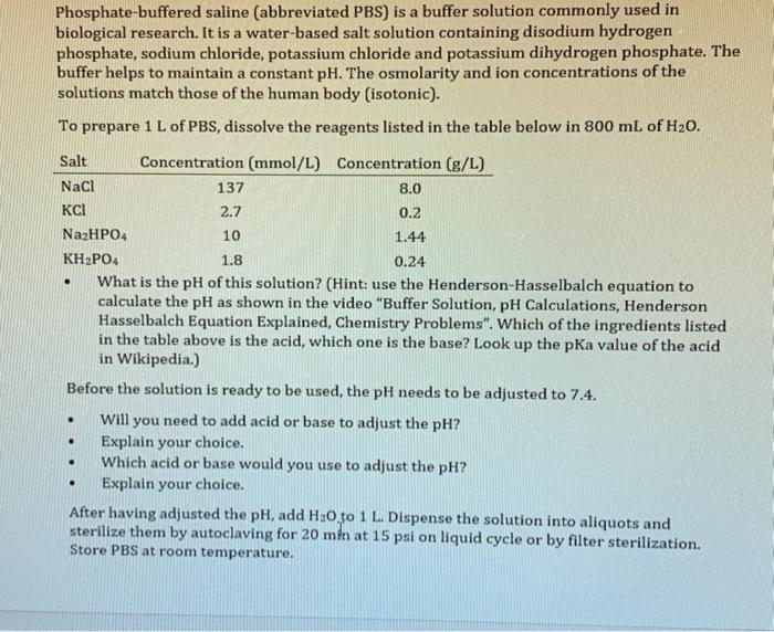 Phosphate-buffered saline (abbreviated PBS) is a | Chegg.com