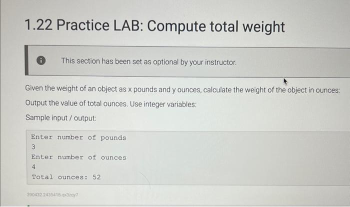 Solved 1.22 Practice LAB: Compute total weight This section | Chegg.com