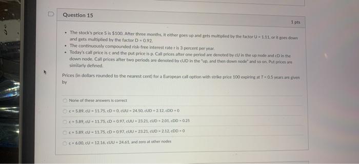 Solved Question 15 1 Pts The Stock S Price Is 100 After Chegg Com