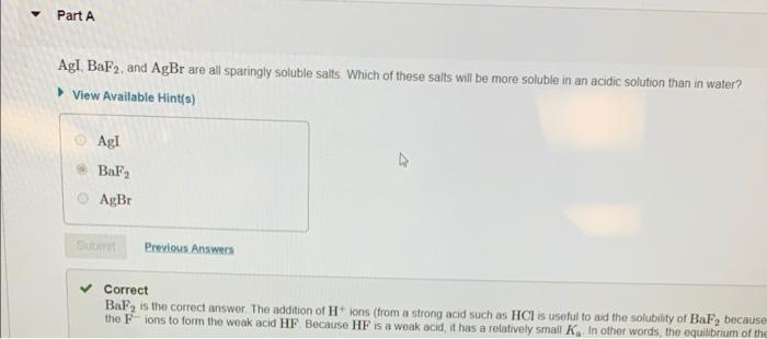 Solved Part A Agl BaF2 and AgBr are all sparingly soluble Chegg