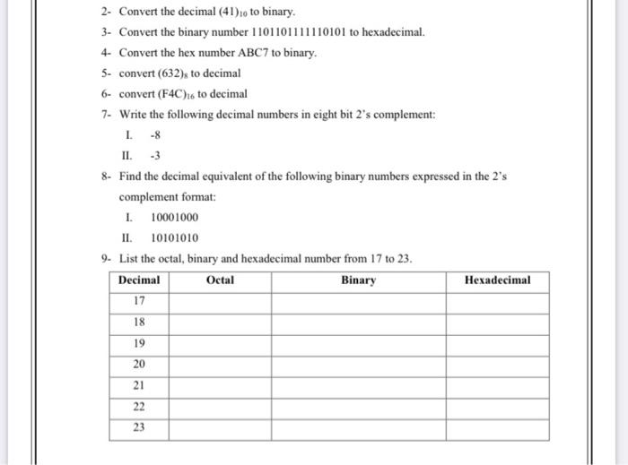 Solved 2- Convert the decimal (41) io to binary. 3- Convert | Chegg.com