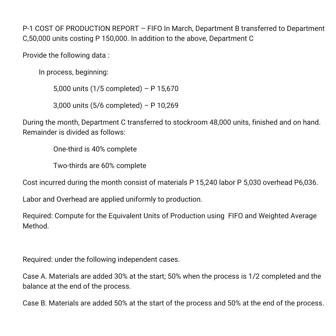 Solved P 1 Cost Of Production Report Fifo In March 4587