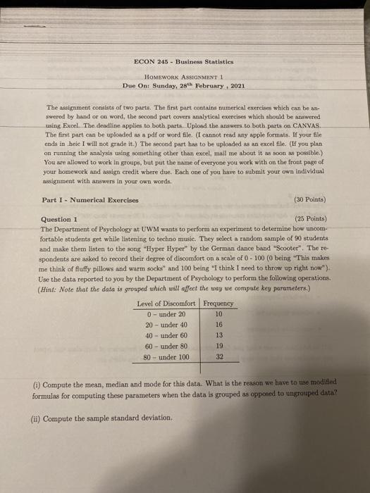 Solved ECON 245 - Business Statistics HOMEWORK ASSIGNMENT 1 | Chegg.com