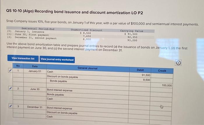 Solved QS 10−10 (Algo) Recording Bond Issuance And Discount | Chegg.com