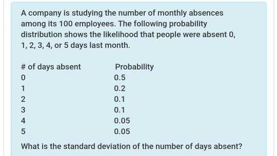 Absence Standard Deviation Example Solved A company is studying the number of monthly absences | Chegg.com