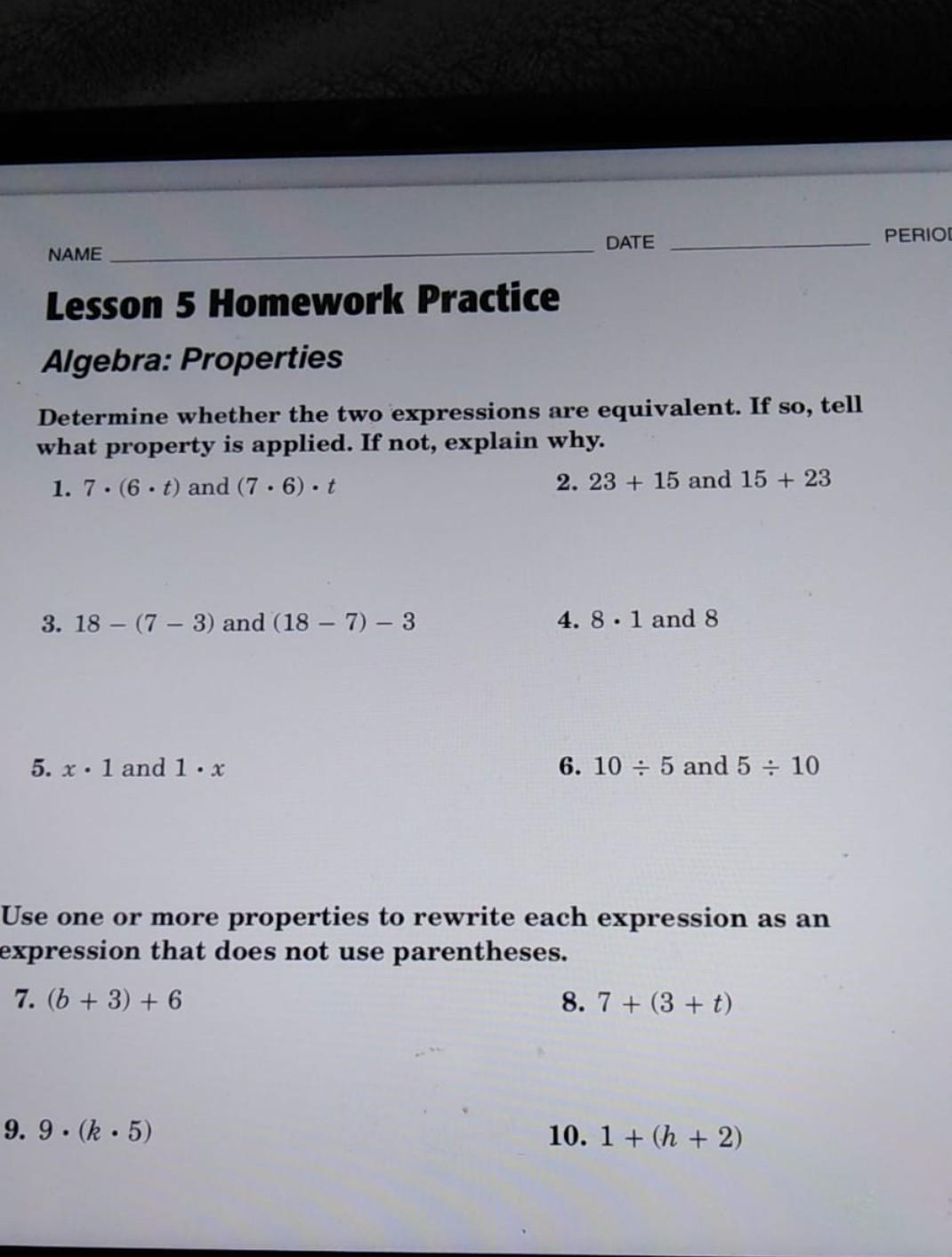 lesson 5 homework practice algebra properties answer key