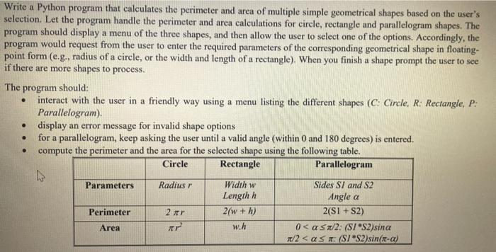 Solved Write a Python program that calculates the perimeter | Chegg.com