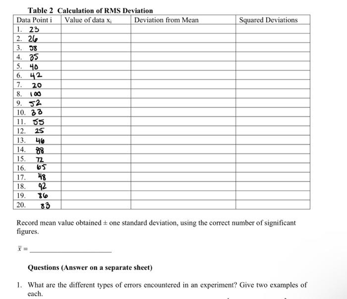 Table 2 Calculation of RMS Deviation Record mean | Chegg.com