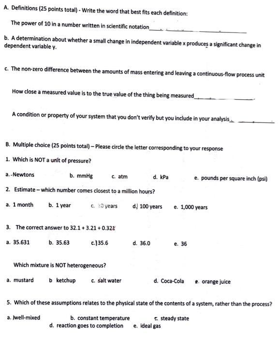 Solved A. Definitions ( 25 points total) - Write the word | Chegg.com