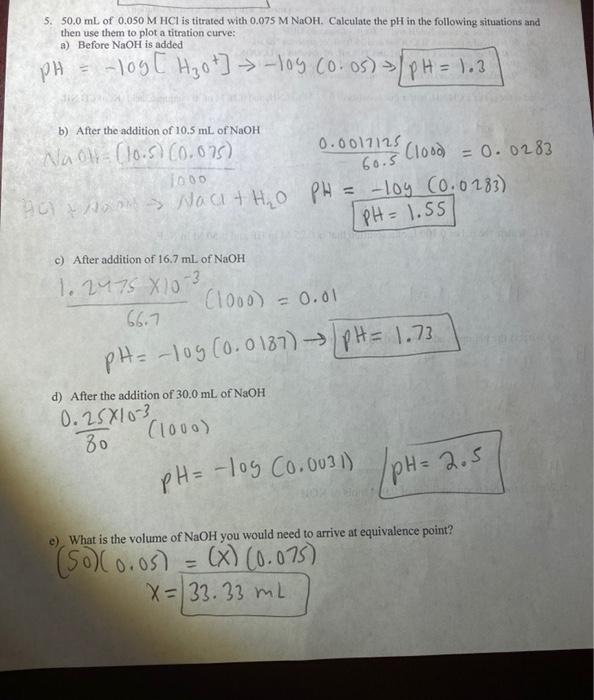 Solved 5. 50.0 mL of 0.050 M HCl is titrated with 0.075 M