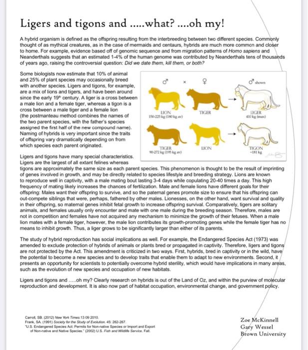 Solved III. LIGERS, TIGONS, & WHAT? Read the article on | Chegg.com