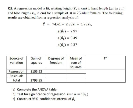 Solved Q5: A regression model is fit, relating height (Y, in | Chegg.com