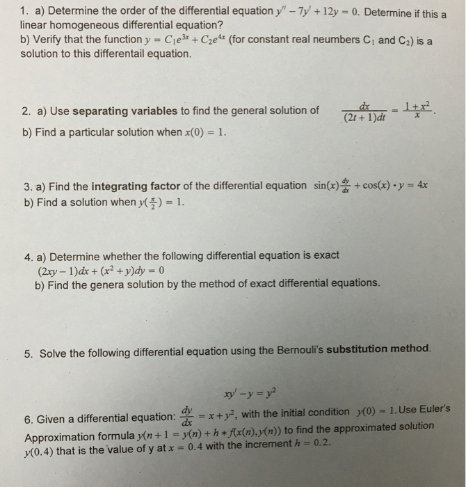 Solved 1 A Determine The Order Of The Differential Equa Chegg Com