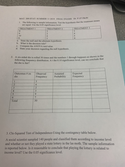 Solved Mat 209 Stat Summer 11 2019 Final Exams Dr P L