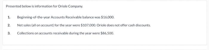 Solved Presented below is information for Oriole Company. 1. | Chegg.com