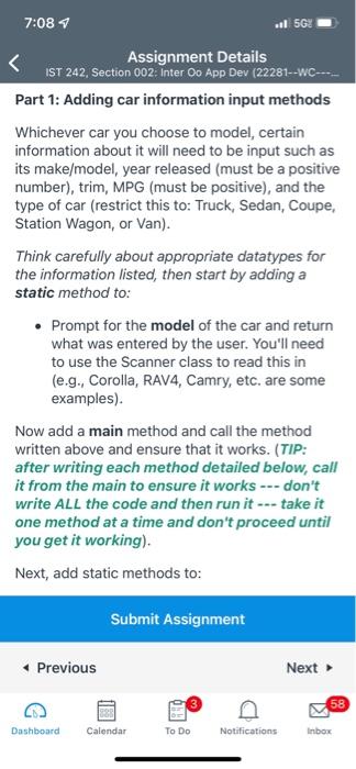 Assignment Details
Part 1: Adding car information input methods
Whichever car you choose to model, certain information about 