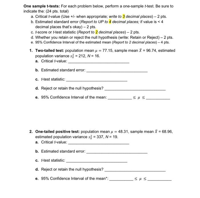 Solved One sample t-tests: For each problem below, perform a | Chegg.com