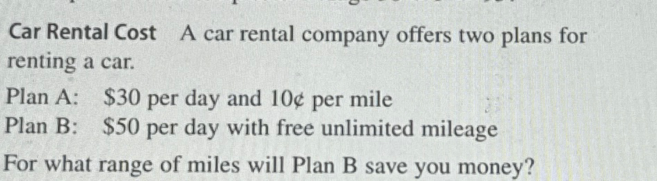 Solved Car Rental Cost A Car Rental Company Offers Two Plans | Chegg.com