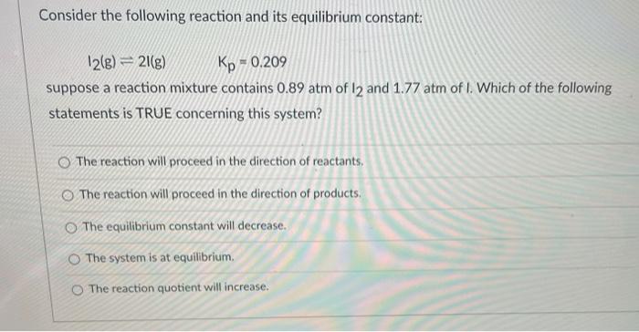 Solved Consider the following reaction and its equilibrium | Chegg.com