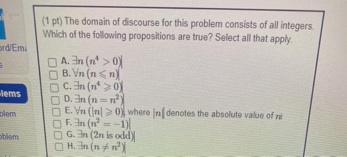 Solved (1 pt) The domain of discourse for this problem | Chegg.com