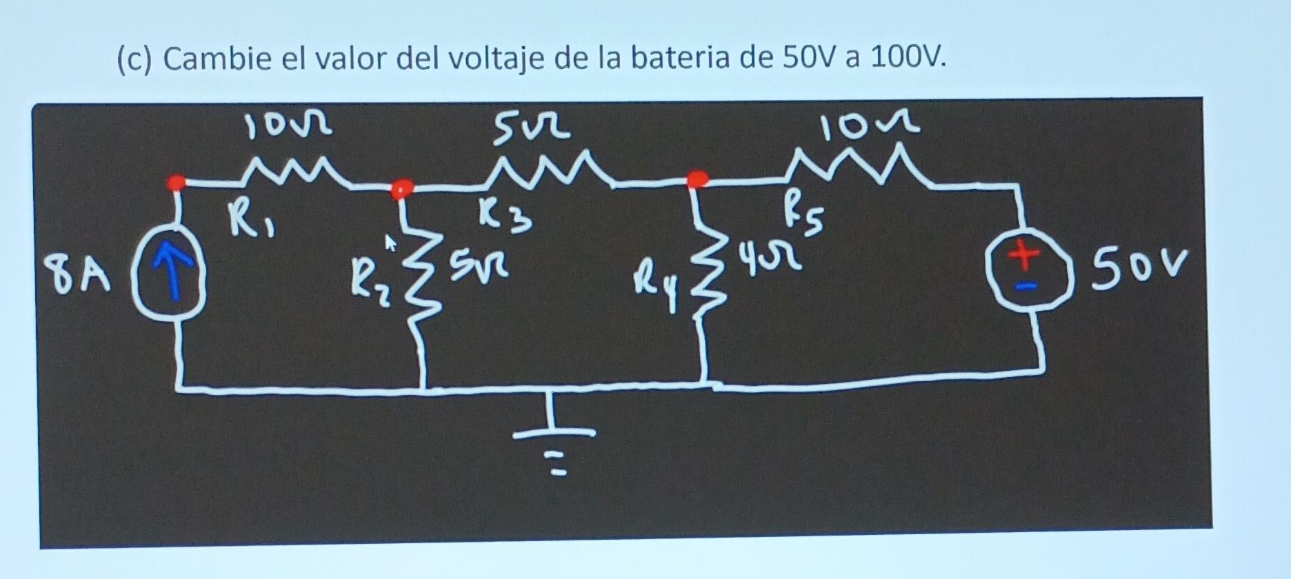 (c) Cambie el valor del voltaje de la bateria de 50V a 100V.