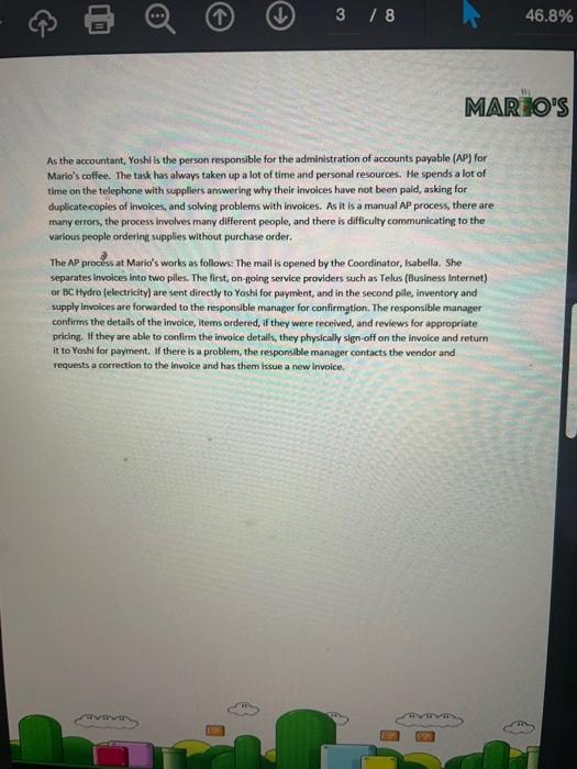 As the accountant, Yoshi is the person responsible for the administration of accounts payable (AP) for Marios coffee. The ta