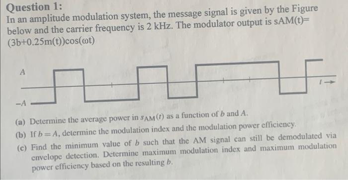Solved Question 1: In an amplitude modulation system, the | Chegg.com