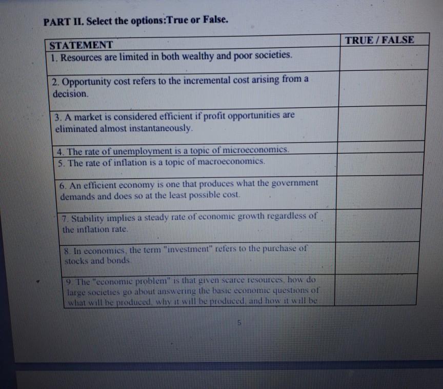Solved PART II. Select the options:True or False. TRUE / | Chegg.com