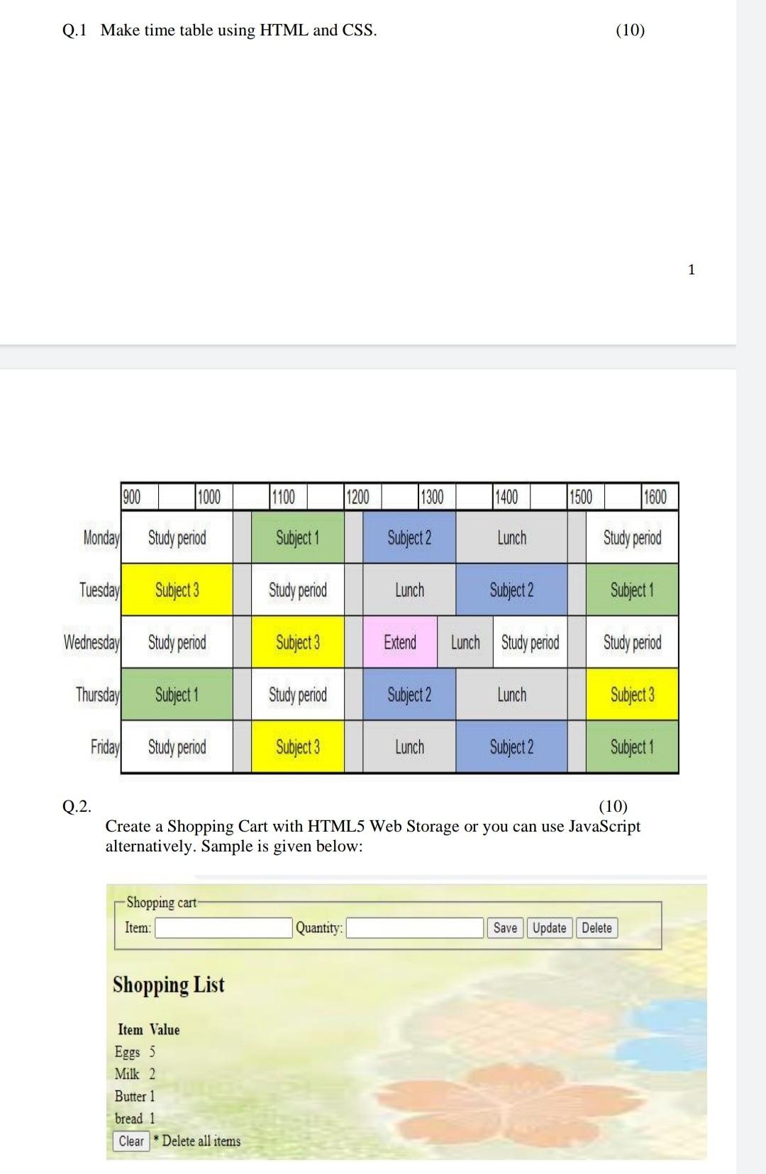 Q1 Make Time Table Using Html And Css 10 1 900 Cheggcom