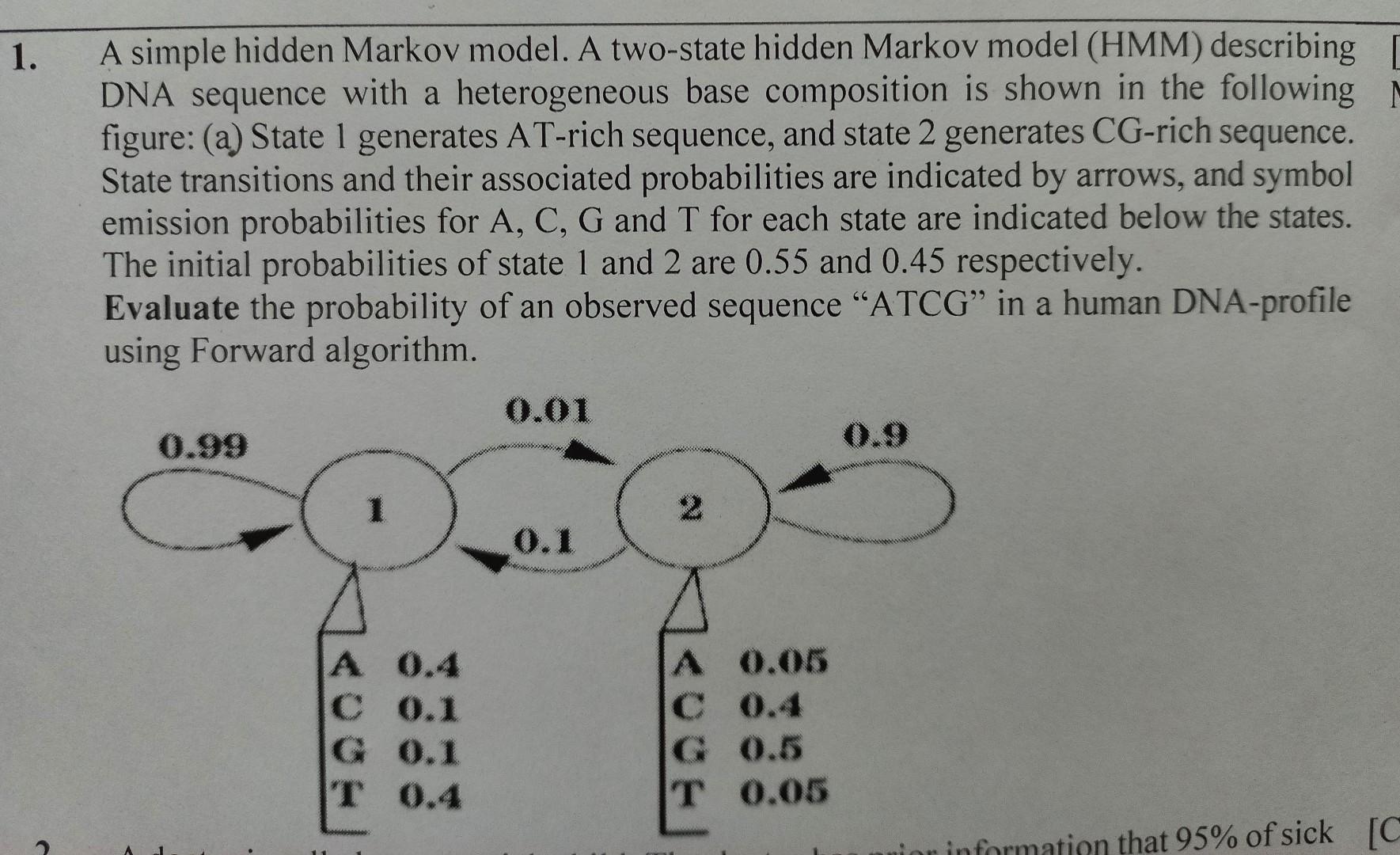 A simple hidden Markov model. A two-state hidden Markov model (HMM) describing DNA sequence with a heterogeneous base composi