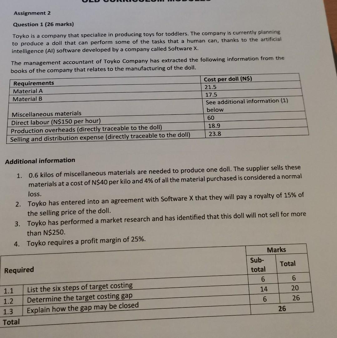 Solved Assignment 2 Question 1 (26 marks) Toyko is a company | Chegg.com