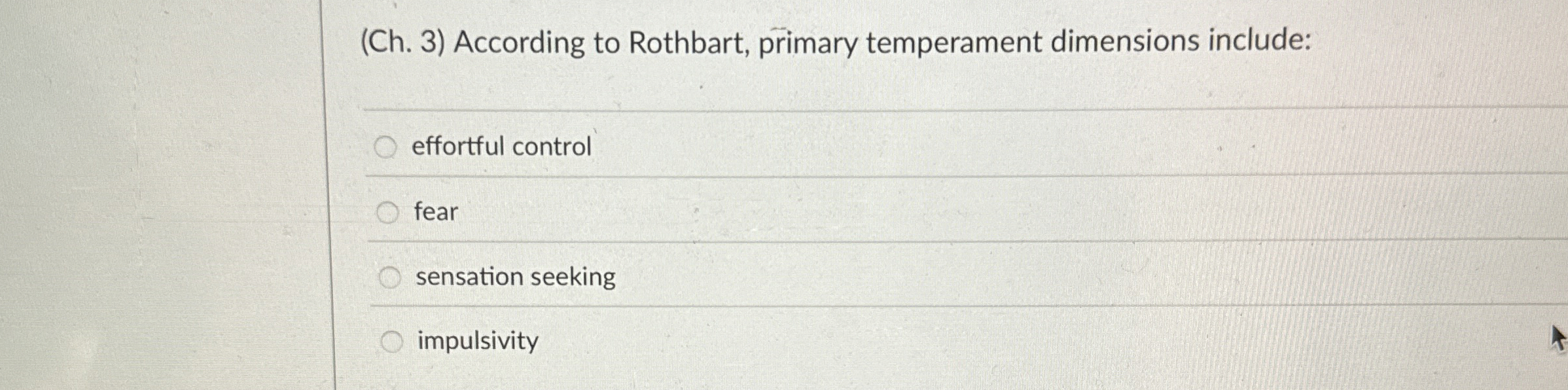 Solved (Ch. 3) ﻿According to Rothbart, primary temperament | Chegg.com