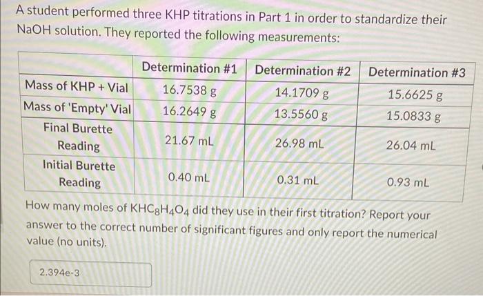 Solved how many moles of KHC8H4O4 did they use in their | Chegg.com