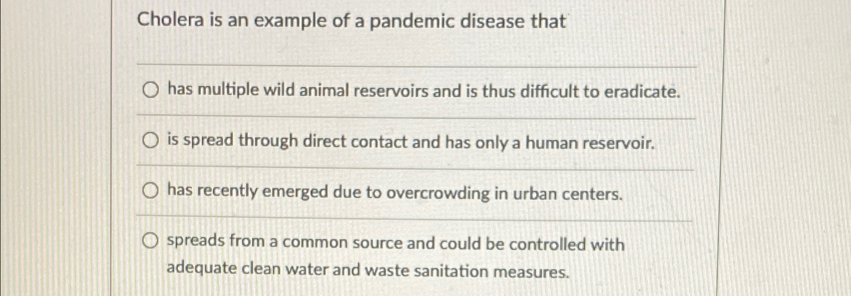 Solved Cholera is an example of a pandemic disease thathas | Chegg.com