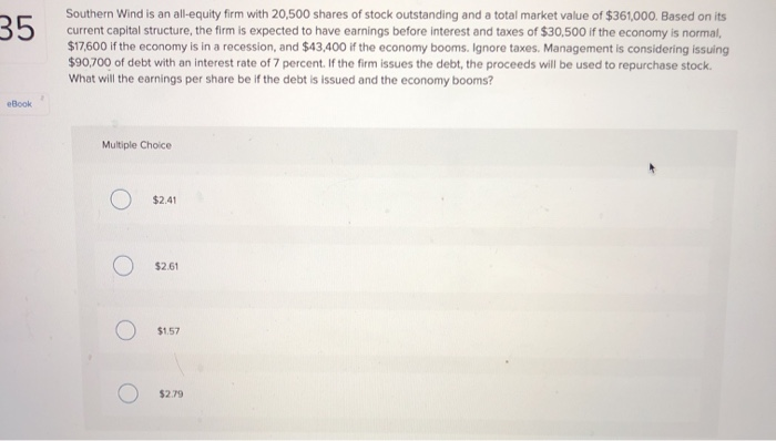 Solved 35 Southern Wind Is An All Equity Firm With 20 500 Chegg Com