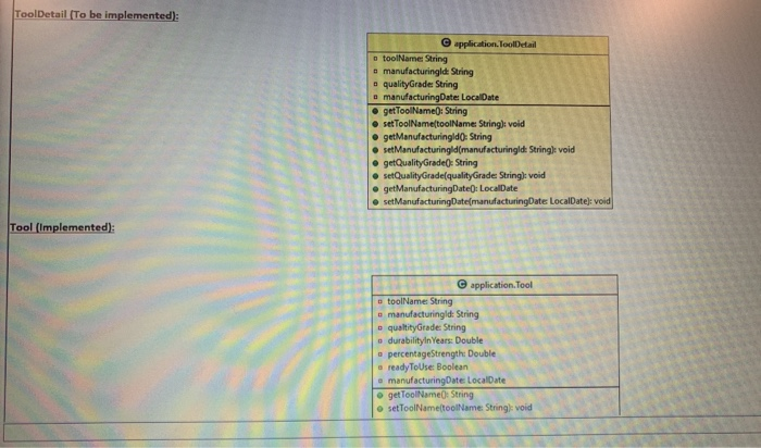 ToolDetail (To be implemented): application. ToolDetail toolName: String - manufacturingid String quality Grade String - manu