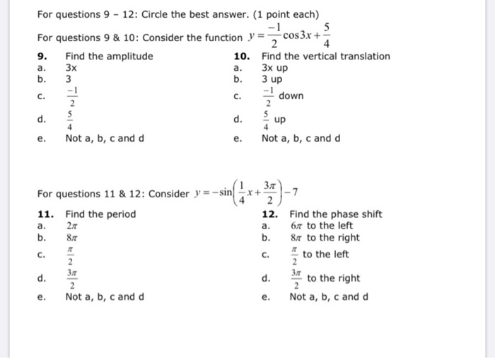 Solved For Questions 9 12 Circle The Best Answer 1 P Chegg Com