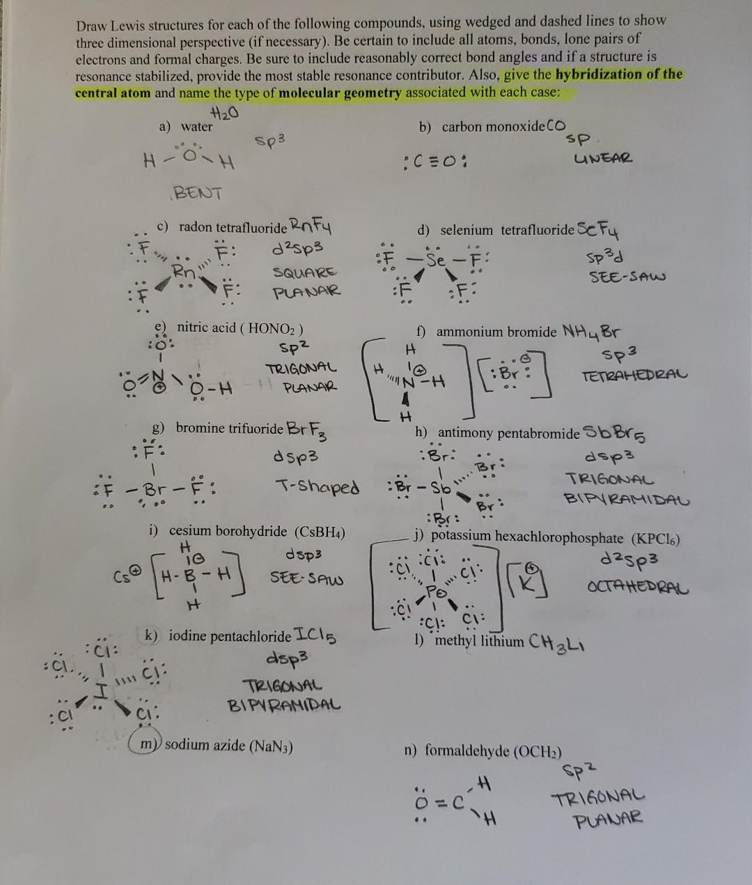 Draw Lewis structures for each of the following compounds, using wedged and dashed lines to show three dimensional perspectiv