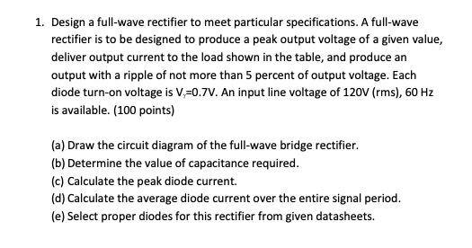 Solved 1. Design a full-wave rectifier to meet particular | Chegg.com