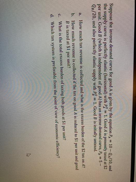 Solved Suppose the inverse demand curve for good A is given