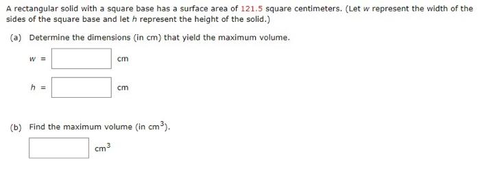 Solved A rectangular solid with a square base has a surface | Chegg.com