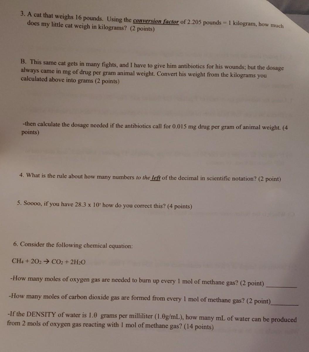 Solved 3. A cat that weighs 16 pounds. Using the conversion