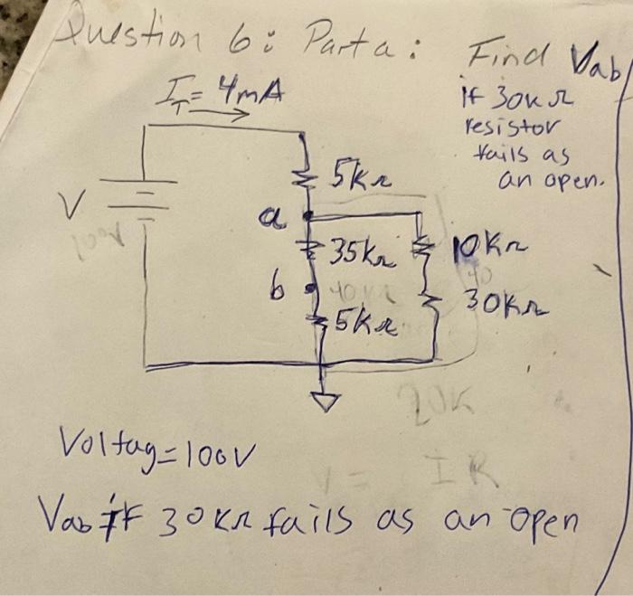 Solved please find Vab if the 30kohm resistor fails as an