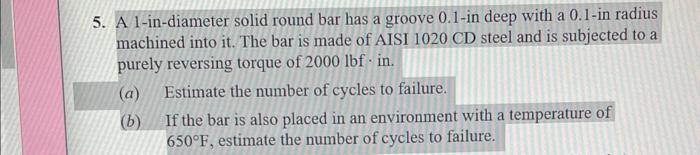 Solved 5. A 1-in-diameter solid round bar has a groove | Chegg.com