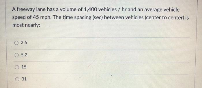 Solved A freeway lane has a volume of 1,400 vehicles / hr | Chegg.com
